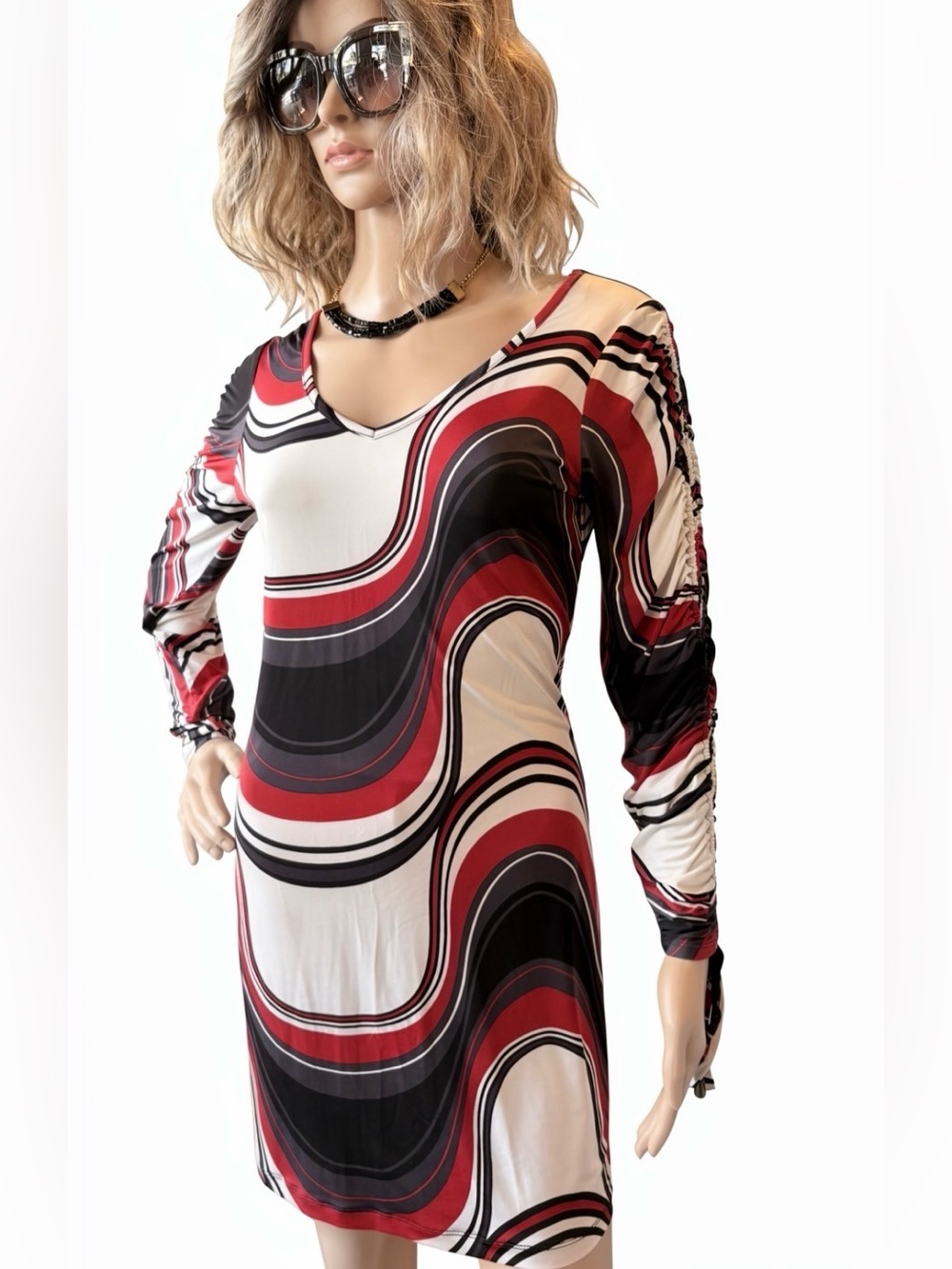 Nikki Poulos vintage black/red/beige Dress size XS polyester/spandex soft.